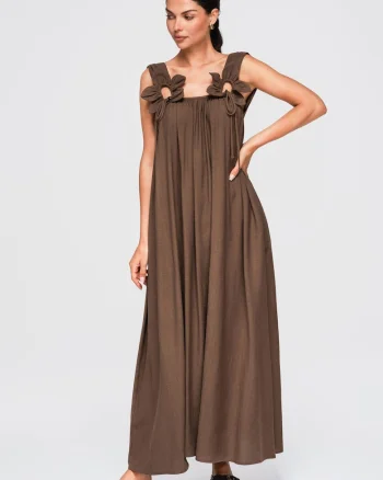 Rochie maxi dama cu decolteu simplu si ramitce late, pentru vara OW-DLR-E0014, Maro