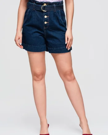 Pantaloni scurti dama cu talie inalta, croi lejer, denim 100% bumbac OW-ST-E0011, Albastru