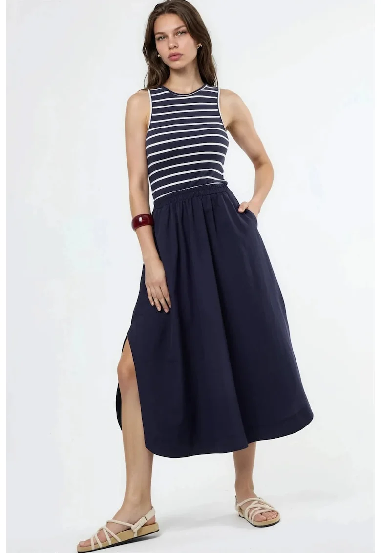 Rochie Midi Femei  Albastru Marin, Casual, Fara Maneci, Guler Rotund,