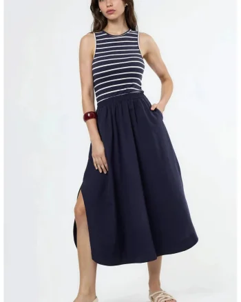 Rochie Midi Femei  Albastru Marin, Casual, Fara Maneci, Guler Rotund,