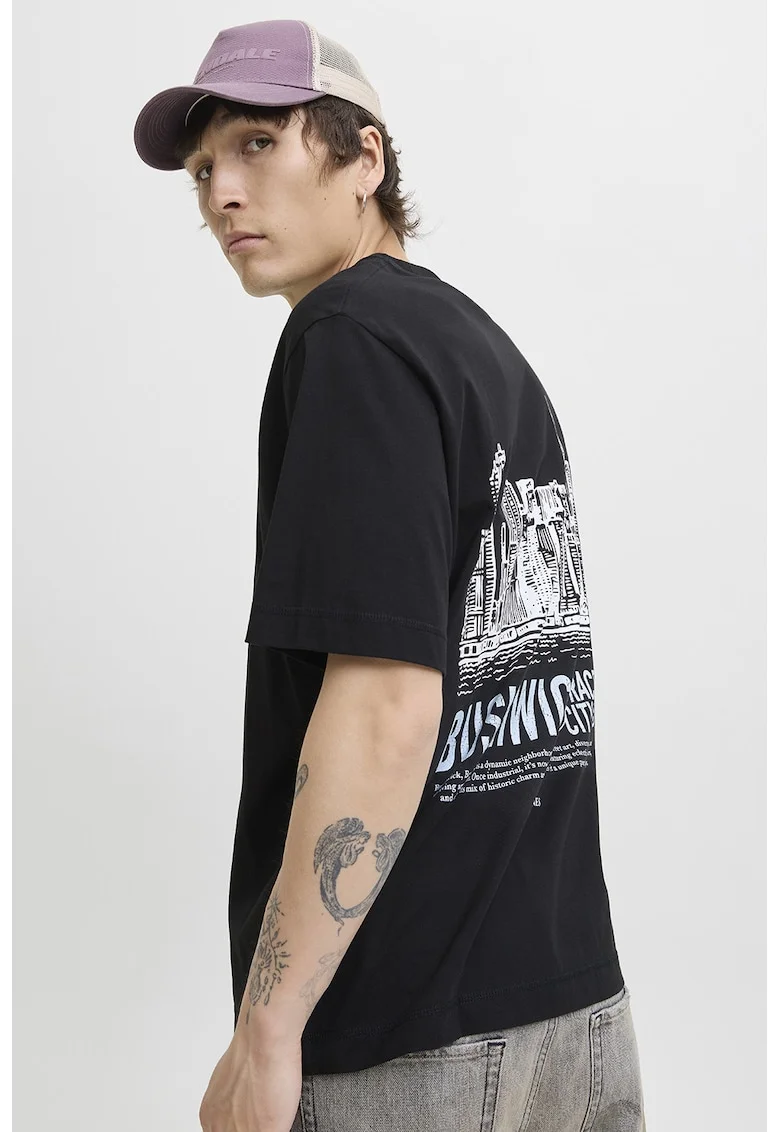 Tricou din bumbac organic cu model grafic pe spate, Alb/Negru