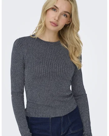 Pulover slim fit cu striatii si detalii stralucitoare, Gri carbune