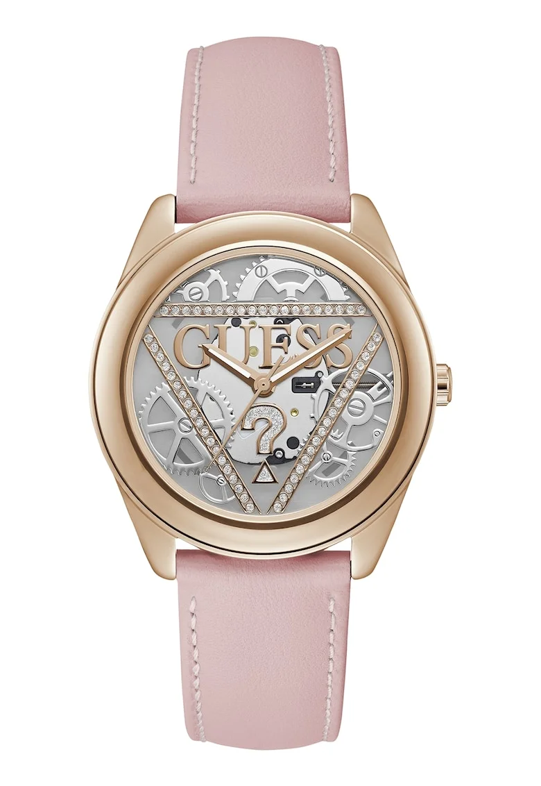 Ceas quartz cu o curea de piele si cu cristale, Auriu rose/Roz somon