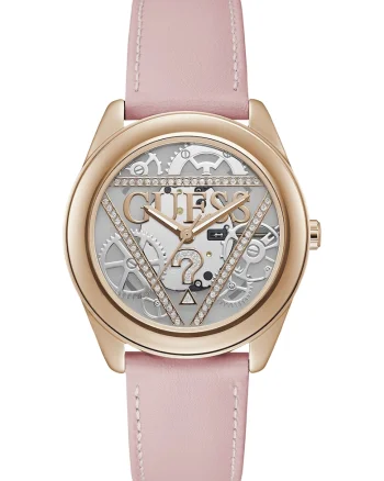 Ceas quartz cu o curea de piele si cu cristale, Auriu rose/Roz somon