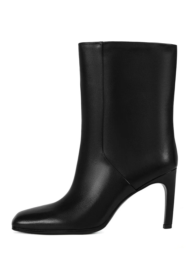 Botine din piele cu toc patrat, Negru