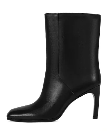 Botine din piele cu toc patrat, Negru