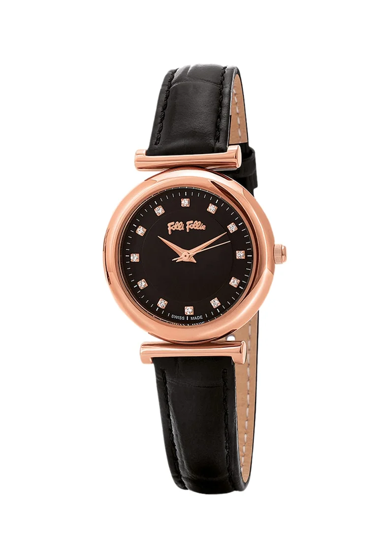 Ceas cu o curea din piele Sparkle Chic, Negru
