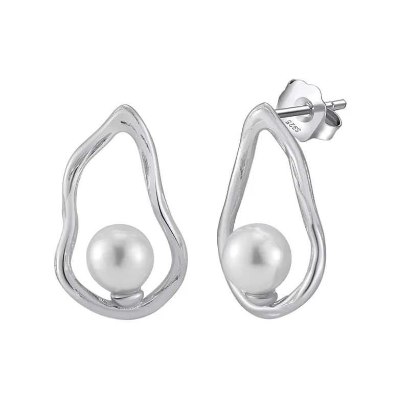 Cercei argint 925, JW1715, model abstract cu perle, placati cu rodiu