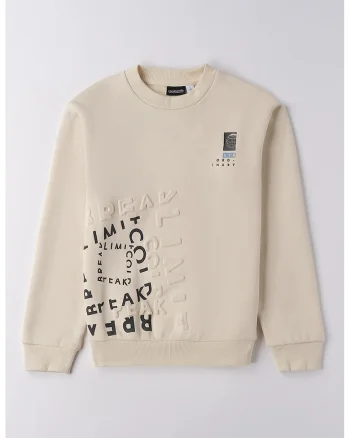 Bluza de trening cu decolteu la baza gatului si model text, Negru/Bej