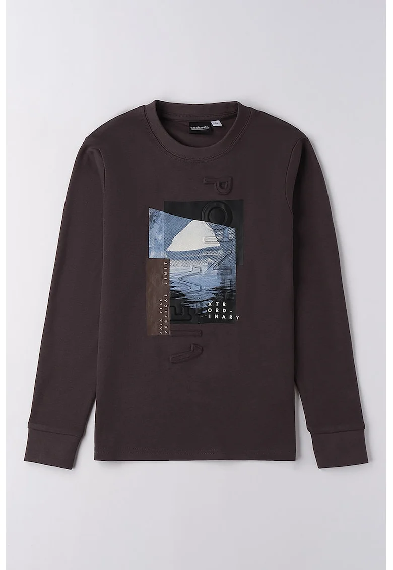 Bluza de bumbac cu imprimeu grafic si decolteu la baza gatului, Alb/Maro cognac/Albastru lavanda
