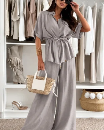 Compleu oversize AZMIRA, camasa vaporoasa si pantaloni lejeri, Gri, Marime S/M/L