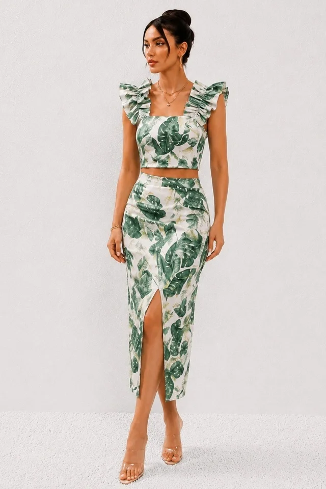 Compleu casual de vara ORLINEA fusta si top crop cu volane, Botanical Green
