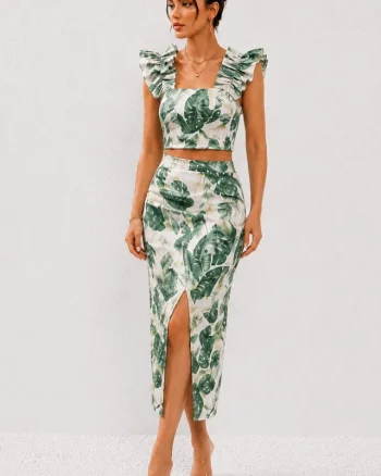 Compleu casual de vara ORLINEA fusta si top crop cu volane, Botanical Green