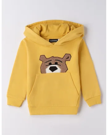 Hanorac cu broderie si buzunar kangaroo, Alb/Galben sofran/Maro deschis