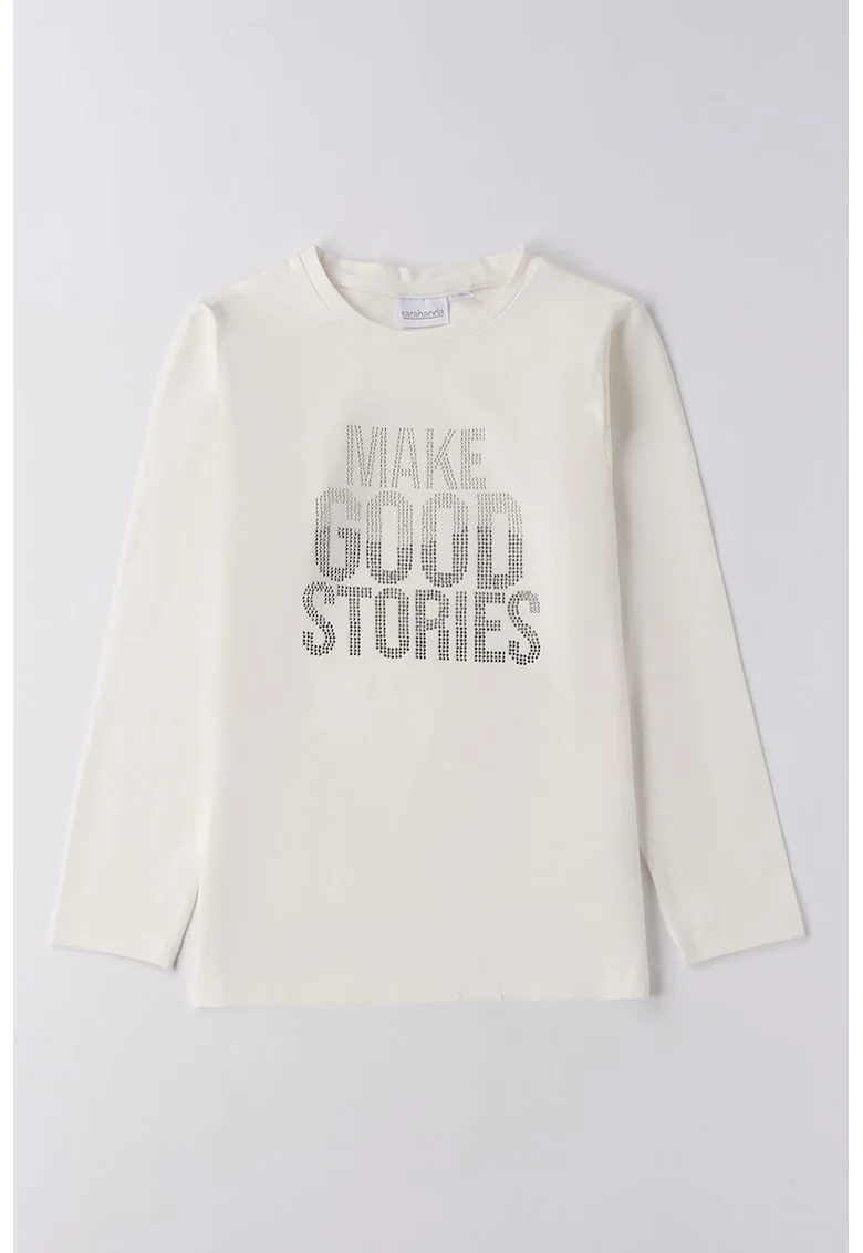 Bluza din amestec de bumbac cu imprimeu text, Alb fildes/Argintiu inchis/Argintiu