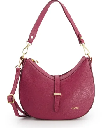 Geanta dama  bordeaux din piele naturala, 14x24x9cm, cu curea de umar detasabila, 43cm