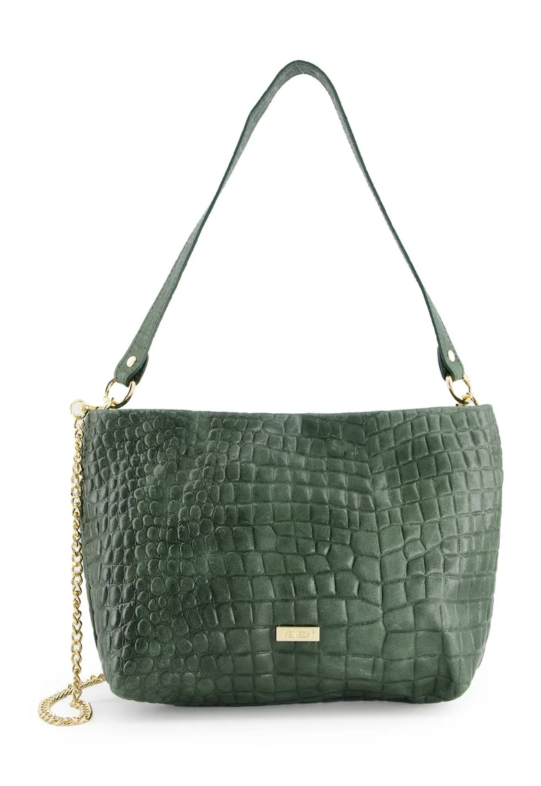 Geanta messenger dama  piele intoarsa, verde, 20x30x11cm, cu lant auriu, curea detasabila 111cm