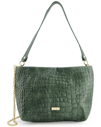 Geanta messenger dama  piele intoarsa, verde, 20x30x11cm, cu lant auriu, curea detasabila 111cm