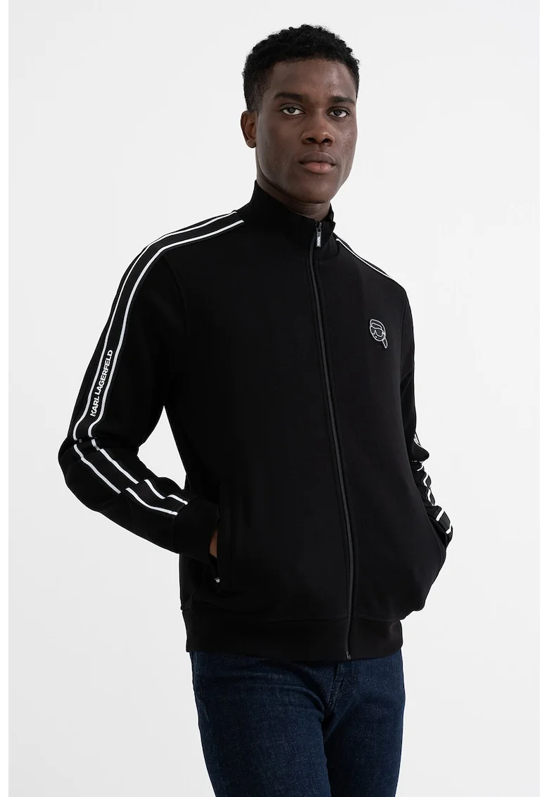 Bluza de trening cu logo si fermoar, Negru/Alb murdar