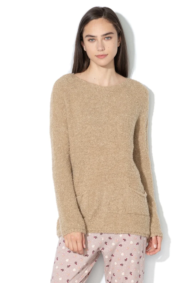 Pulover lejer din material pufos, cu buzunare, Maro camel