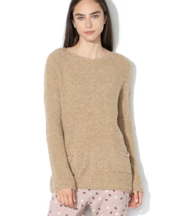 Pulover lejer din material pufos, cu buzunare, Maro camel