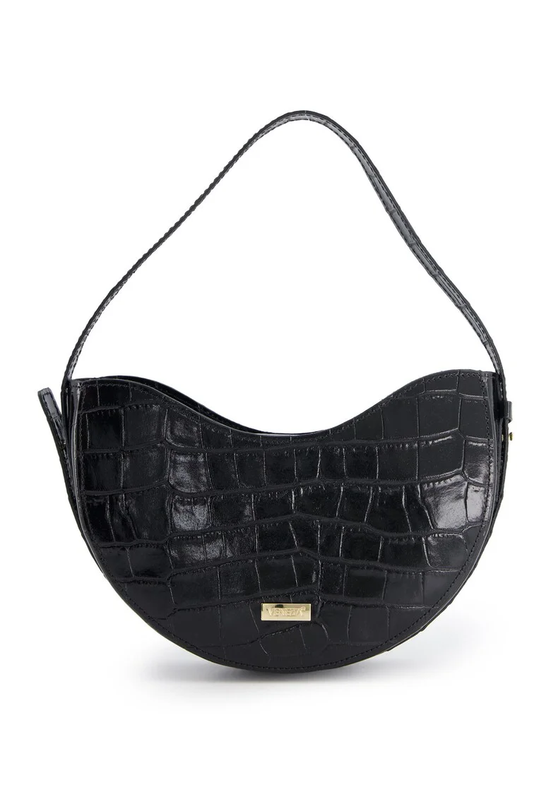 Geanta de umar,  piele naturala lacuita, neagra, 14x25x6cm, lungime maxima curea 91cm