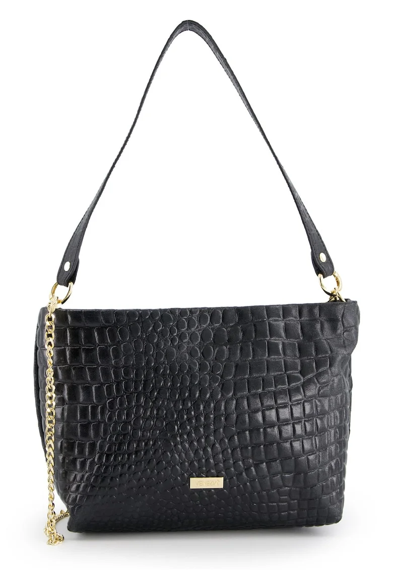 Geanta messenger  din piele intoarsa, neagra, 20x30x11cm, cu lant auriu, curea detasabila 111cm