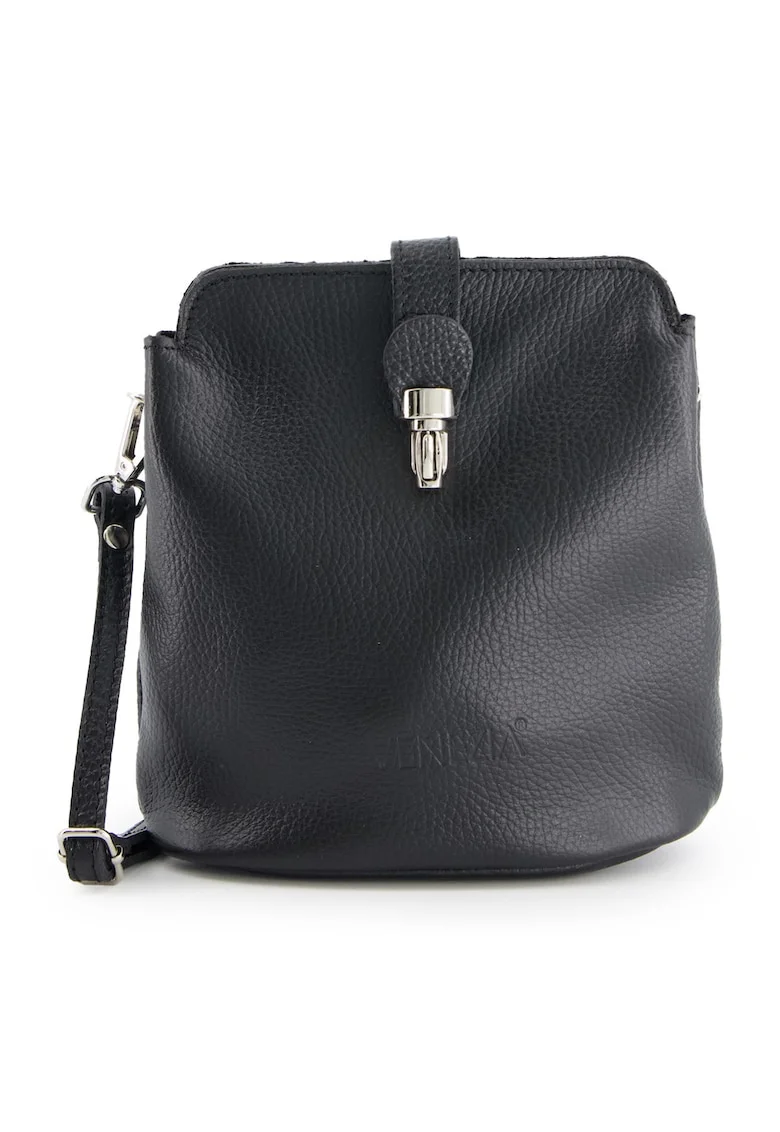 Geanta messenger din piele naturala  neagra, 20x19x10cm, cu curea detasabila, elemente metalice argintii