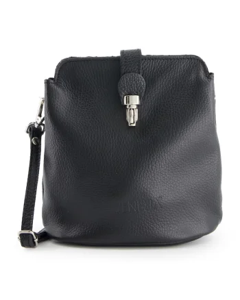 Geanta messenger din piele naturala  neagra, 20x19x10cm, cu curea detasabila, elemente metalice argintii