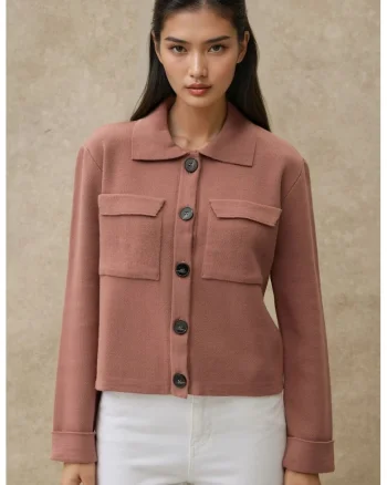 Cardigan,  cu nasturi si buzunare, roz pal, acril