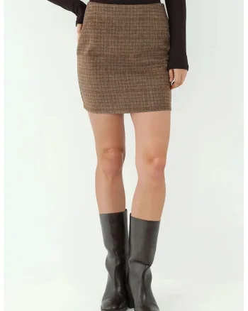 Fusta mini mulata,  imprimeu in carouri, maro, textil