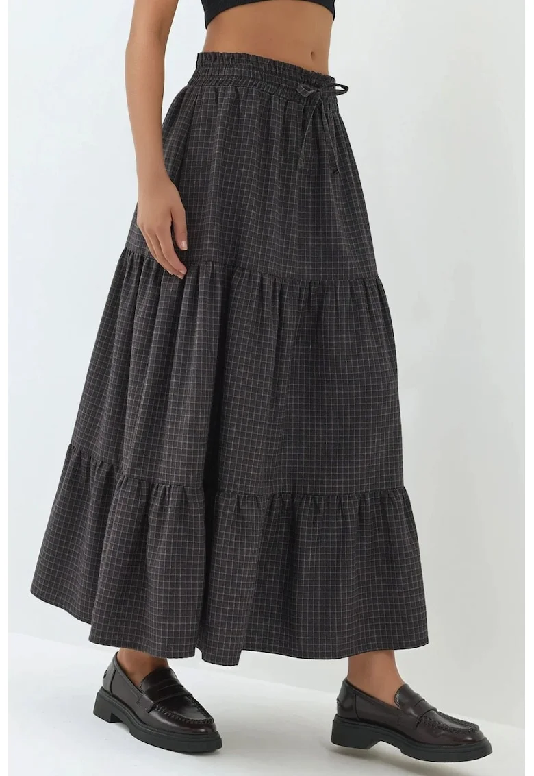 Fusta maxi,  straturi, talie elastica, maro, textil