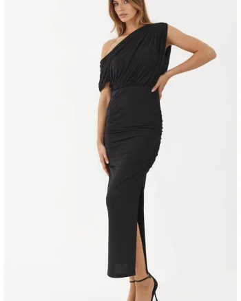 Rochie midi,  infasurata cu guler asimetric, elastic, negru, jerseu
