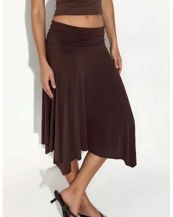 Fusta Maxi  casual, drapaj, maro cafea, 65% bumbac, 35% poliester,