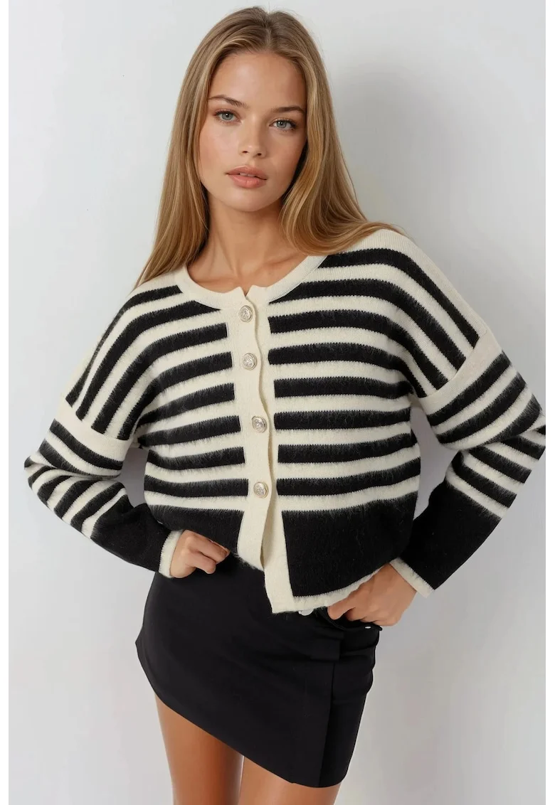Cardigan dama,  Negru/Alb, Tricot, One Size