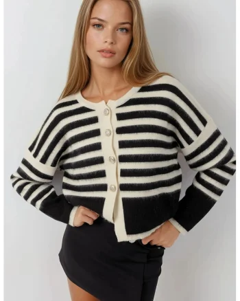 Cardigan dama,  Negru/Alb, Tricot, One Size