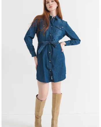 Rochie de denim cu maneci lungi, Albastru inchis