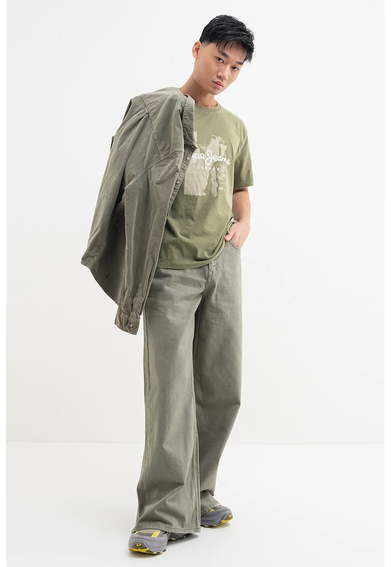 Tricou de bumbac cu logo, Alb murdar/Verde feriga/Bej deschis