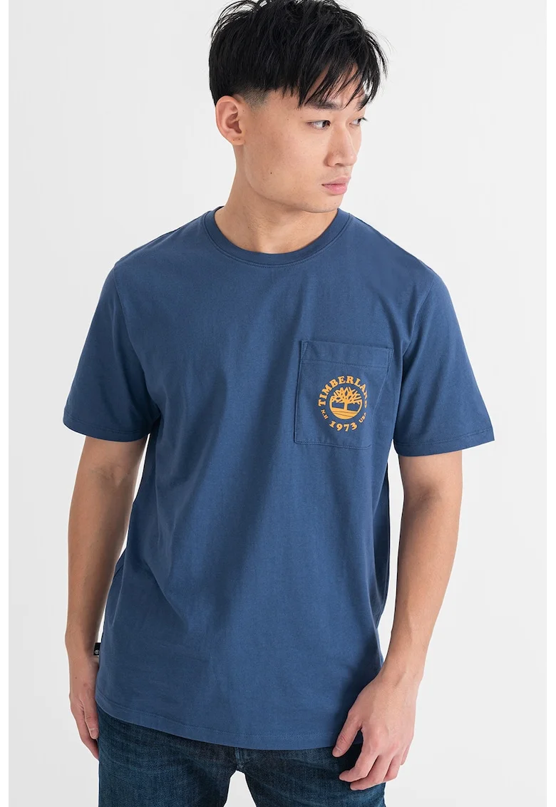 Tricou cu imprimeu si decolteu la baza gatului, Portocaliu/Albastru inchis