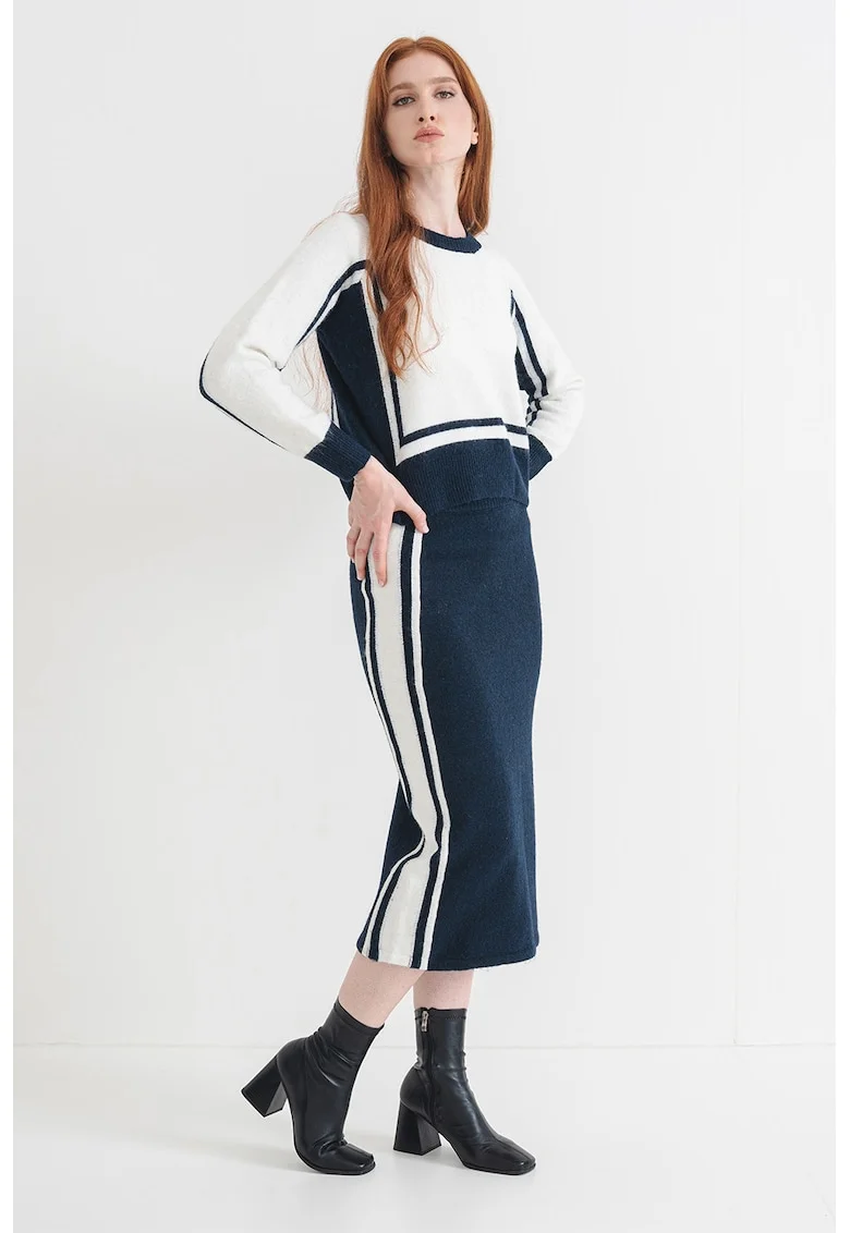 Pulover din amestec de lana cu maneci raglan, Alb murdar/Bleumarin