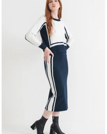 Pulover din amestec de lana cu maneci raglan, Alb murdar/Bleumarin