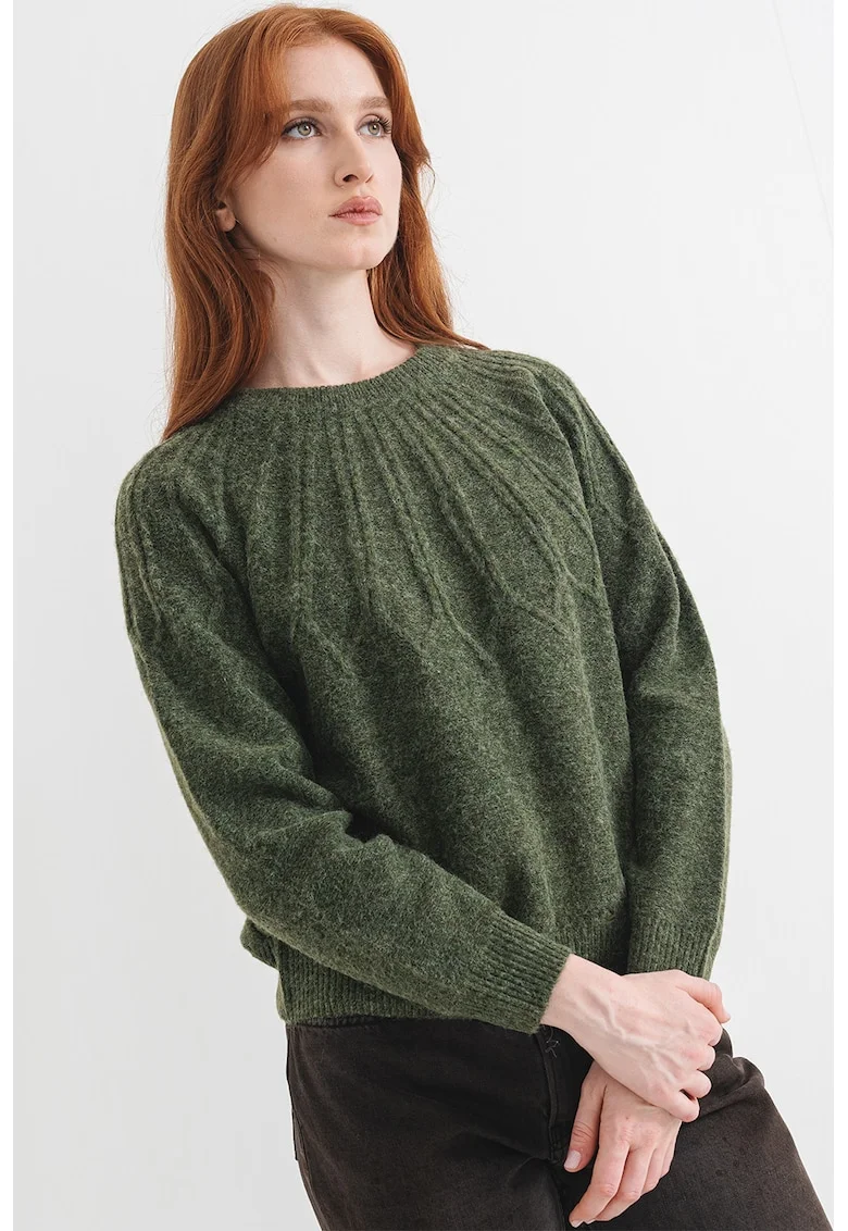 Pulover tricotat cu decolteu l abaza gatului, Verde feriga