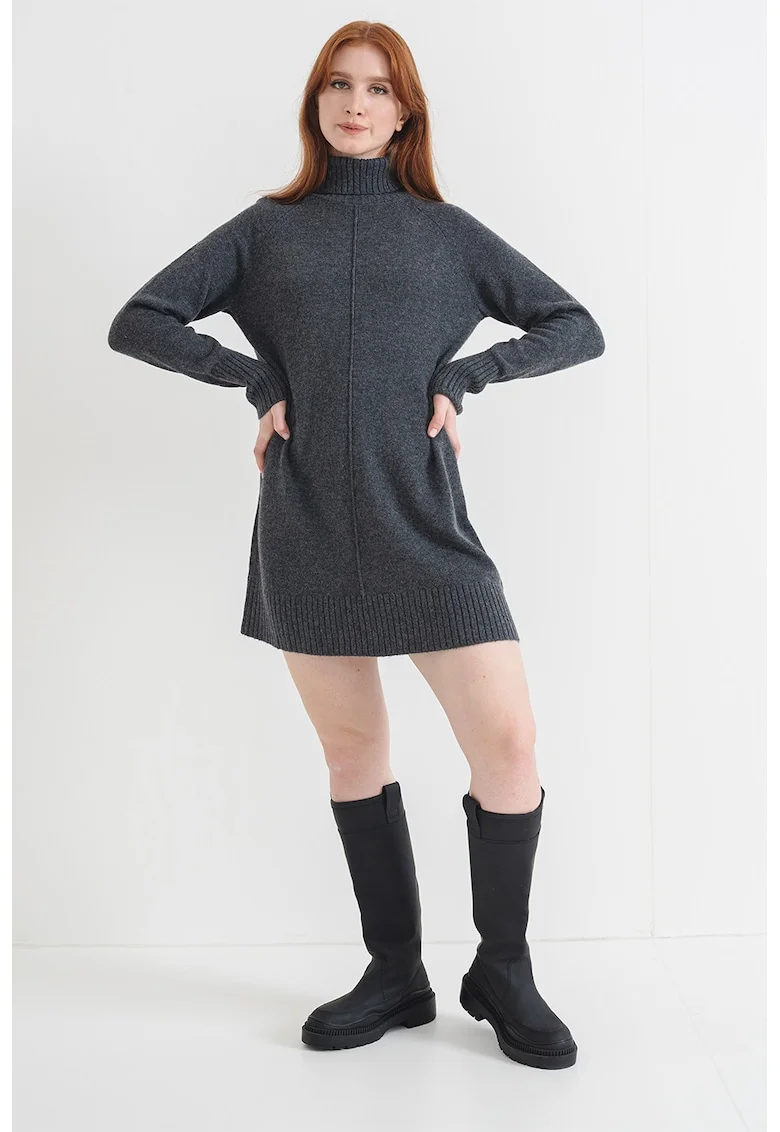 Rochie lejera cu guler inalt, Gri inchis melange