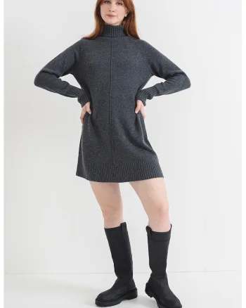 Rochie lejera cu guler inalt, Gri inchis melange