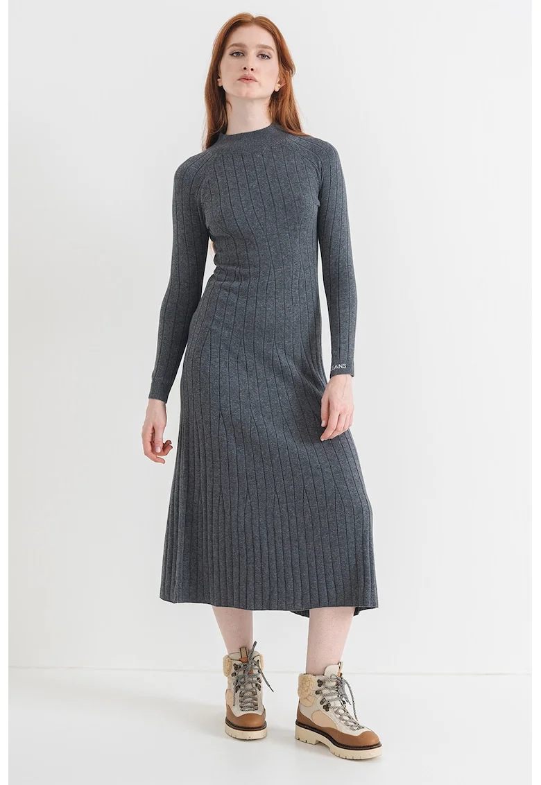 Rochie lunga cu guler inalt, Gri inchis melange