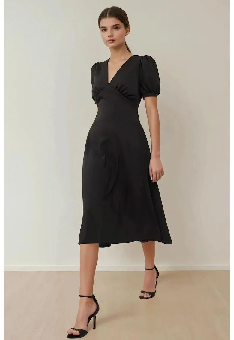 Rochie Midi,  A-Form, decolteu in V, neagra, crep