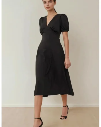 Rochie Midi,  A-Form, decolteu in V, neagra, crep