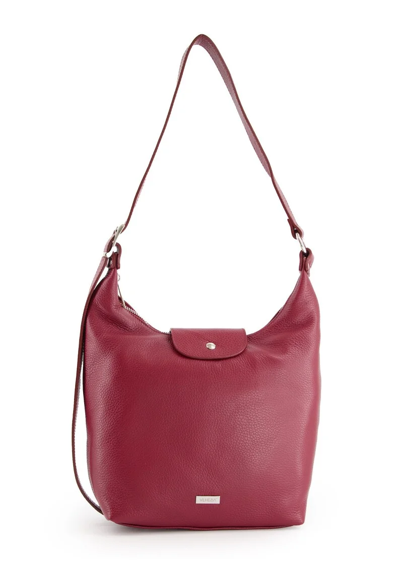 Geanta de umar  din piele naturala, bordo, 31x24x10cm, cu 2 buzunare interioare, curea max 99cm