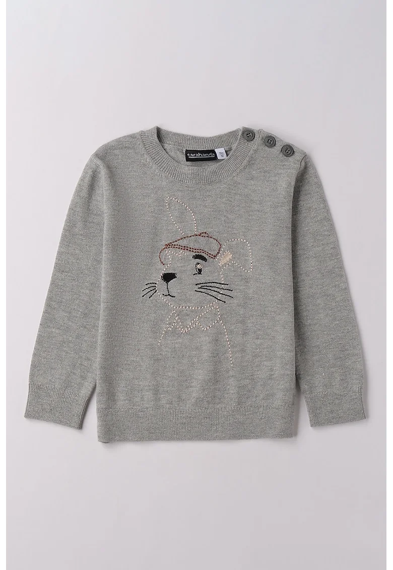 Pulover din amestec de lana cu broderie, Gri melange