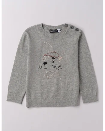 Pulover din amestec de lana cu broderie, Gri melange